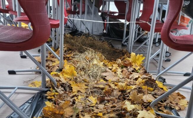 Zem galdiem novietotas rudens lapas, izveidots šķērslis 10. klases skolēniem.