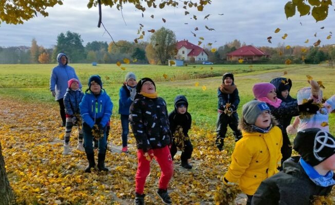 Mazie ģimnāzisti ārā mētā nokritušās lapas un priecājās par rudeni.